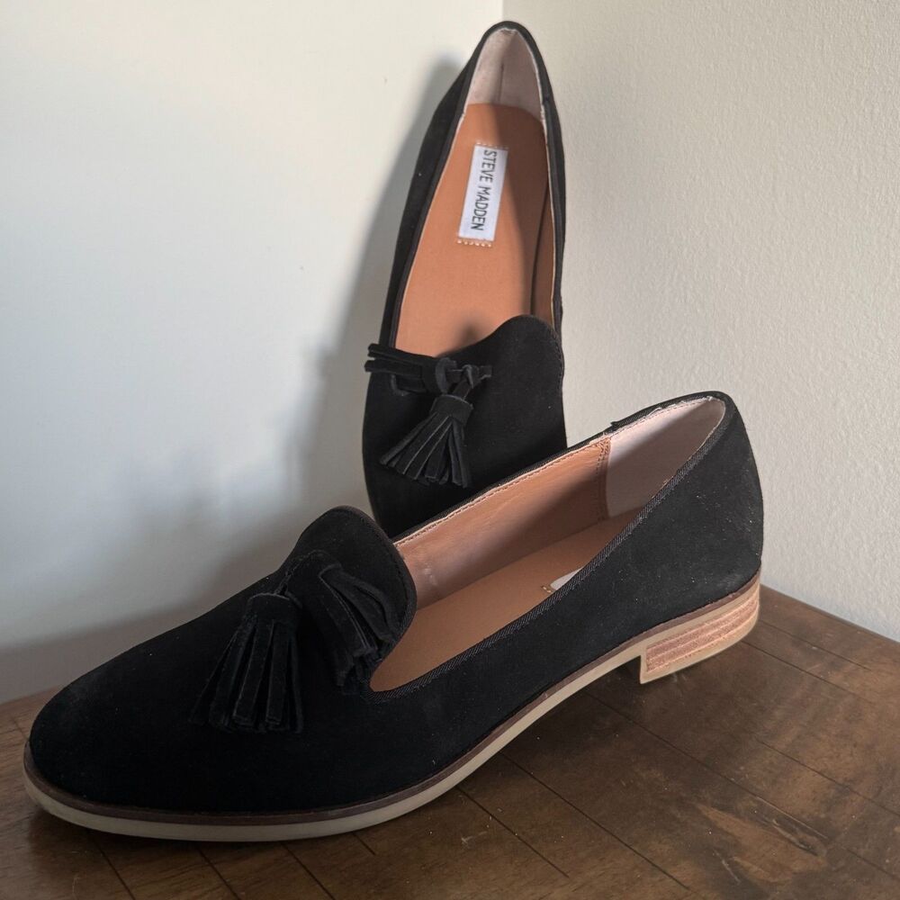 Steve Madden Black Leather Tassel Loafers Old Money Preppy Office Flats Size 8